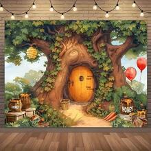 2D Flat Honey Pot & Treehouse Cartoon Backdrop Fabric, Dreamy Countryside Forest Birthday Party Banner, Living Room Decor, Studio Photography, Happy Birthday Elements Background, Suitable For Indoor/Outdoor Party, Photography, Home Decor, Garage Door Display, No Electricity Required, Birthday Party Decoration - Yellow - View 1