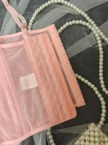 Lace Bustier Corset | Mesh Insert Spaghetti Straps Slim Fit Top - Pink - View 8