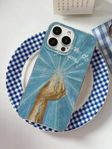 1pc Blue Radiating Light Oil Painting Hand Gesture Phone Case, Artistic English Handwritten Font Creative Illustration Full Coverage Protective Shell Compatible With IPhone17/17Pro/17ProMax/16/16Plus/16ProMax/16e/15ProMax/11/12/12Pro/12ProMax/13/13Pro/13ProMax/14/14Pro/14ProMax - Transparent Fireworks - View 5