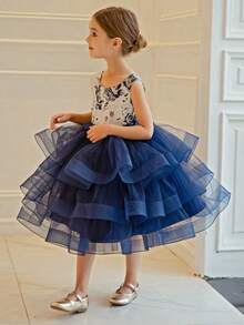 Young Girl Navy Blue 3D Bow Sleeveless Tulle Elegant Party Dress, Princess Dress, Suitable For Girls Birthday Party, Banquet, Prom, Wedding, Flower Girl Dress, Ramadan Holiday Outfit - Navy Blue - View 4