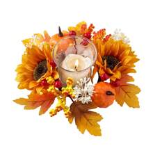 Thanksgiving Candle Ring Fall Artificial Maple Leaves Pumpkin Wreath For Harvest Festival Farmhouse Table Decor