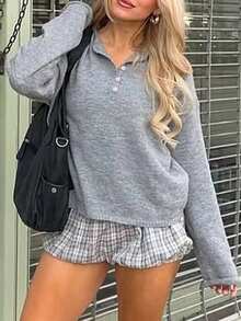 Women's Fall Back To School Polo Collar Pullover Casual Knitwear, Old Money Style Long-Sleeve Female Top - Grey - View 8