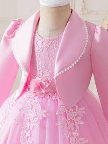 2pcs Girls Autumn Outfit: Pink Lace Patchwork Tulle Princess Dress & Jacket Set, Handmade 3D Floral Mesh Tulle Dress For Girls, Suitable For Birthday Party, Wedding, Piano Recital, Special Occasions - Pink - View 8