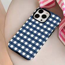Phone Case 1PC Gingham Mobile Phone, Designed With A Classic Checkered Pattern And Elegant Navy Color Scheme, Suitable ForIPhone 16, 15, 14, 13, 12 And 11 Pro Models, Made Of TPU Material, And Provides Shockproof. Family, Friends, Children, Birthdays, Spring, Holidays, Boyfriends, Girlfriends, And Valentine's Day Gifts. - White - View 1