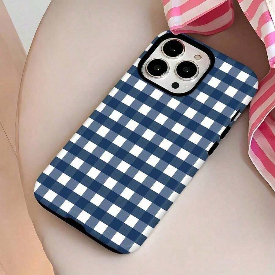 Phone Case 1PC Gingham Mobile Phone, Designed With A Classic Checkered Pattern And Elegant Navy Color Scheme, Suitable ForIPhone 16, 15, 14, 13, 12 And 11 Pro Models, Made Of TPU Material, And Provides Shockproof. Family, Friends, Children, Birthdays, Spring, Holidays, Boyfriends, Girlfriends, And Valentine's Day Gifts. - White - View 1