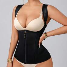 Vestă modelatoare pentru femei | Bretele reglabile și suport cu țesătură osoasă | Lenjerie modelatoare cu compresie dublă, închidere cu fermoar | Material latex neted, negru, la modă | Vestă modelatoare pentru abdomen, îmbunătățește silueta și talia, articol vestimentar modelator | Fermoar sigilat | Lenjerie modelatoare abdominală - Negru - Vizualizare 4