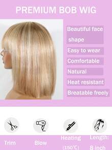 带刘海的波波头假发 8英寸短款波波头假发 女士耐热真人发假发 外观自然 适合日常佩戴 #12P613