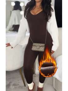 VIVINA Women's Autumn/Winter Casual Versatile Minimalist Solid Color Elegant Deep V-Neck Slim Fit Elastic Fleece-Like Outdoor Long Sleeve Jumpsuit, Chocolate Brown Slim Fit Fleece-Like Long Sleeve Jumpsuit - Brown - View 2