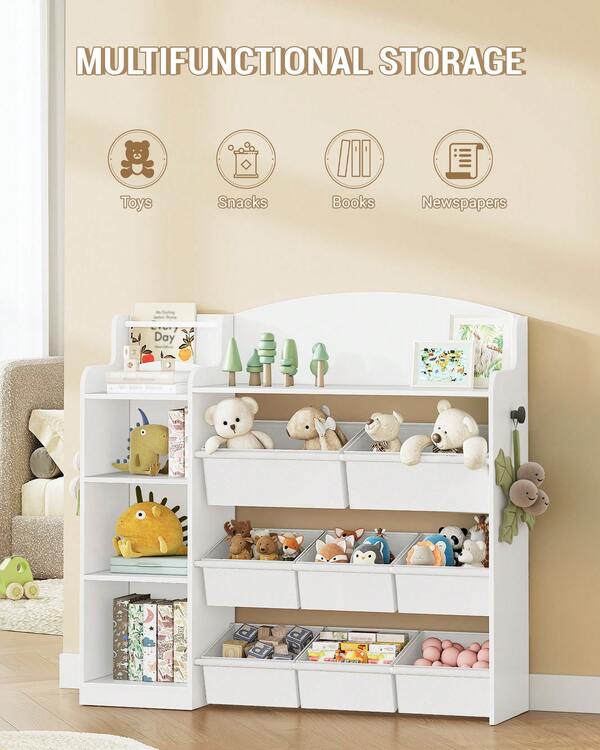 Kinderbücherregal, Bücherregal Holz, Spielzeugregal mit 8 Stoffschubladen für Kinderzimmer, Wohnzimmer, Arbeitszimmer Weiß 30 x 110 x 104 cm