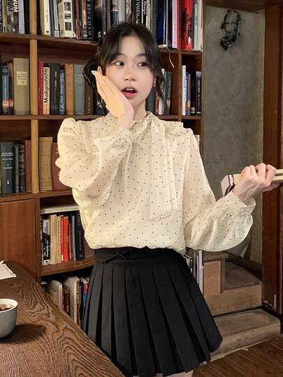 法式优雅波尔卡圆点长袖衬衫，可爱蝴蝶结侧肩带雪纺衬衫，适合秋季、圣诞节、春节、新年