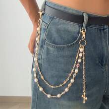 1 Pieceins Hip Hop Jeans Decorative Pants Chain Beaded Cross Imitation Pearl Punk Waist Chain For Women, Suitable For Various Festivals, Parties, And Casual Occasions In Summer, School - MY02 Vàng 1742 - Xem 6