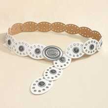 1 Piece Women's Belt Metal Snap Decoration Dress Fashion Retro Wasteland Style Waist Seal Eyelet Oval Piece Carving - 古銀白色 - 查看 12