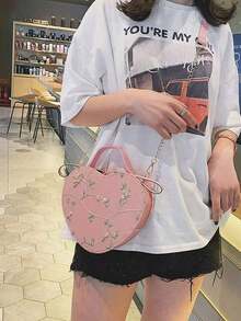 Lace Heart-Shaped Small Crossbody Bag, Embroidered Shoulder Handbag For Ladies - Pink - View 2