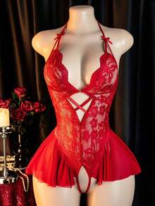 Lingerie, Open Crotch Design, Lace Skeleton Jumpsuit, Elegant Women's Jumpsuit, Bed Seduction Clothes, Passion Robe - [Màu đỏ] - Xem 4