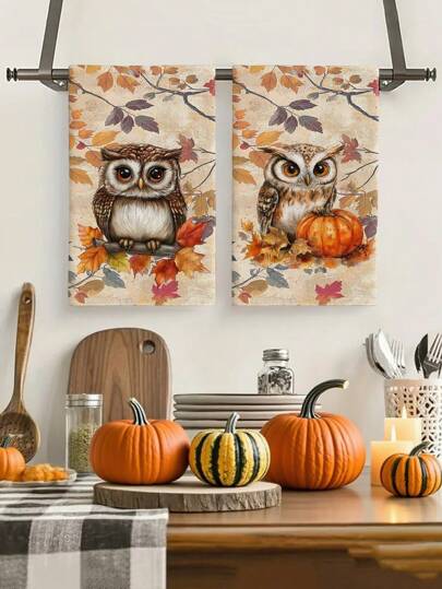 2pcs/4pcs/12pcs Autumn Pumpkin & Owl Kitchen Towels, Thanksgiving Dish Cloths, Thanksgiving Home Decor, Thanksgiving Kitchen Decor, Modern Style, Absorbent & Quick Dry, Super Soft Microfiber Material, Rectangular 40*60CM Digital Printing Pattern, Suitable For Autumn Kitchen Decor, Outdoor Party Decoration, Thanksgiving Holiday Gifts, Birthday Presents