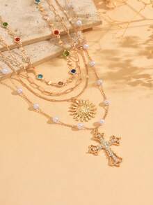 4pcs/Set Luxury Gold Chain Multilayer Necklace With Colorful Glass Beads & Cross Pendant, Suitable For Daily Wear, Party, Music Festival, Handmade Length Adjustable