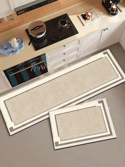 1pc Silica Gel Kitchen Mat, Minimalist Geometric Border Pattern. The Main Body Color Of The Mat Is Light Beige, And The Edges Are Composed Of Light Gray, White And Other Colors With Varying Widths Of Geometric Frames. The Overall Style Is Simple And Modern, With Clean Lines, Giving A Neat And Tidy Feel. Suitable For Matching Various Modern And Minimalist Indoor Decor, Adding A Touch Of Sophistication To The Space.