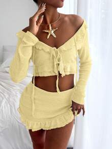 Summer Sexy Ruffle Trim Long Sleeve Skirt 2 Pieces Set For Ladies
