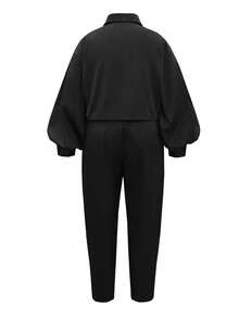 HUTENER Plus Size Women 2 Pieces Set - Lantern Sleeve Solid Color Lapel Button Design Blouse + Pocket Ruched Long Pants, Suitable For Commuting, Business, Office Black Spring Elegant - Black - View 3
