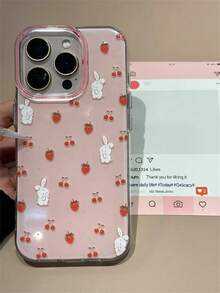 Süßer Cartoon Hase Erdbeere Kirsche Polka Punkt Handyhülle kompatibel mit iPhone 17 Pro Max 16 15 14 13 11 12 Pro Max 16 15 14 Plus, süßes Mädchen glänzend rosa Hülle - Pink - Übersicht 3