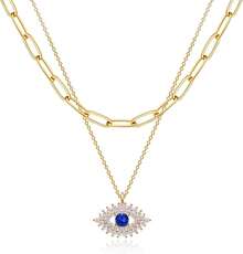 MEVECCO Layered Heart Necklace Pendant Handmade 18k Gold Plated Dainty Gold Choker Arrow Bar Layering Long Necklace For Women - 分層藍眼睛 - 查看 1