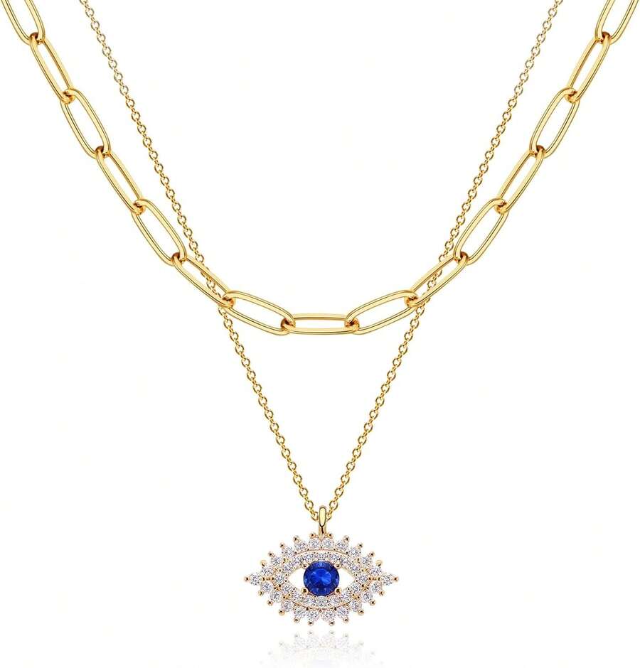 MEVECCO Layered Heart Necklace Pendant Handmade 18k Gold Plated Dainty Gold Choker Arrow Bar Layering Long Necklace For Women - 分層藍眼睛 - 查看 1