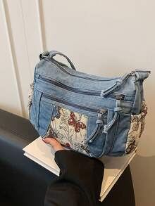 新款休闲时尚柔软牛仔布多层斜挎包，多口袋设计，多功能通勤大容量女士单肩包，适合工作通勤、购物和旅行，是牛仔女孩的完美之选。 - 藍色 - 查看 5