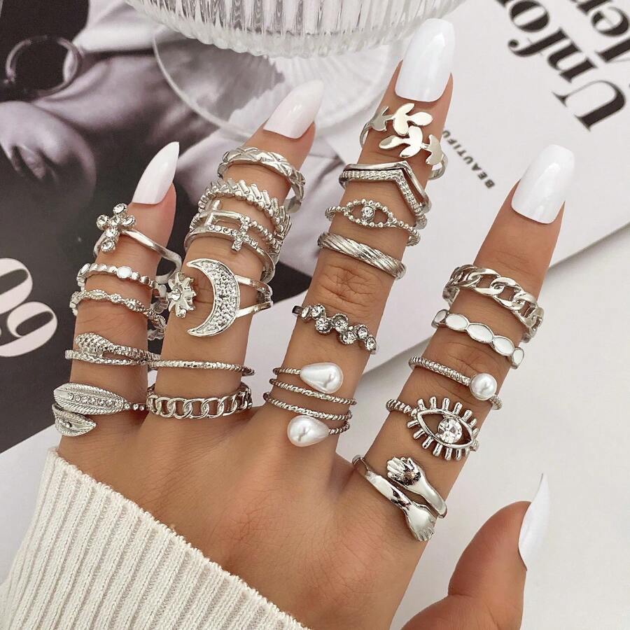 23件套奢华眼睛造型仿珍珠多元素戒指套装，饰以水钻，适合女性日常佩戴 - 銀色 - 查看 1
