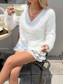 Áo khoác cardigan nữ màu trơn thanh lịch kiểu retro lãng mạn, tay dài, cài cúc, cổ lông giả, cổ chữ V, thích hợp cho tiệc trà, đi học, dự tiệc, hẹn hò, mặc hàng ngày, du lịch, đầu xuân, mọi mùa. Màu trắng. - trắng - Xem 8