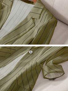 女式休闲条纹单扣七分袖西装外套，春夏 - 軍綠色 - 查看 5
