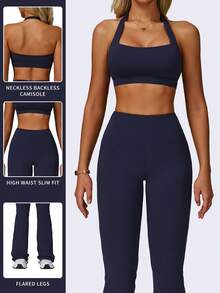MFVIM 2 件套女士夏季运动套装，无袖露背吊带上衣和高腰喇叭裤（钴蓝色） - Blue Power - 查看 4