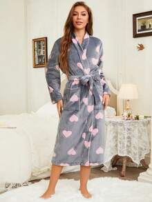 1pc Women's Grey Heart Print Fluffy Robe, Elegant & Fashionable, Thick & Warm For Autumn/Winter, Comfortable For Outdoor, Vacation, And Loungewear, Fall Winter, Cozy - Multicolor - View 2