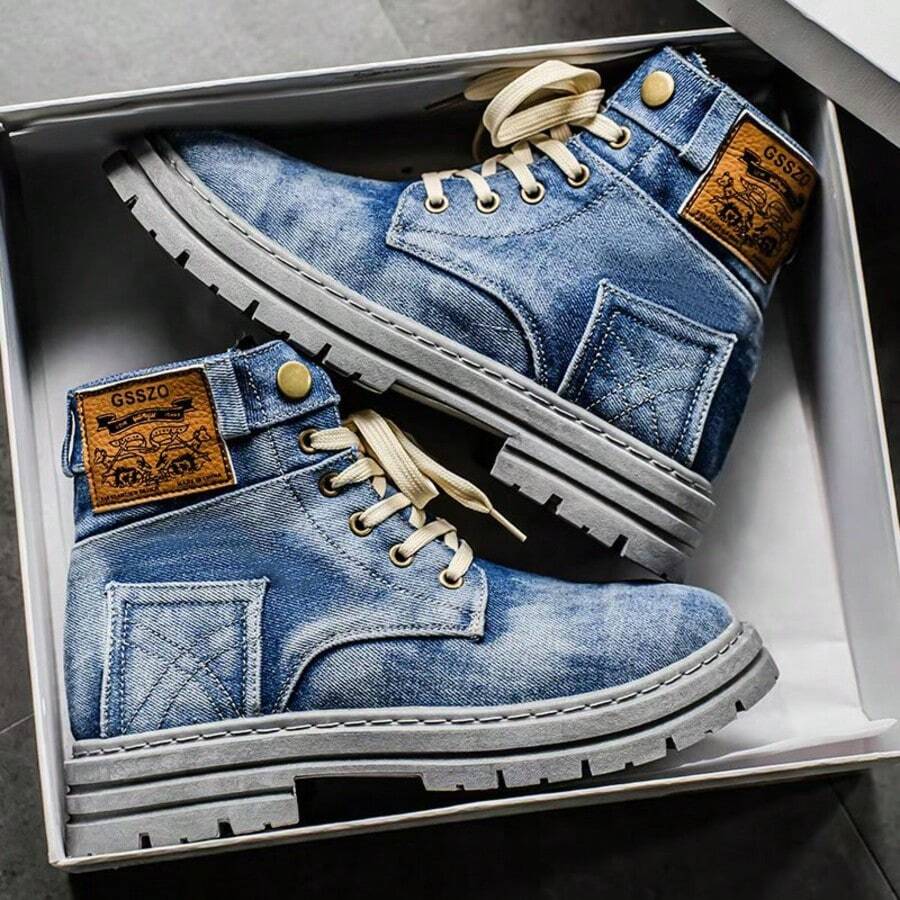 Retro Style High Top Sneakers - Casual Canvas Boots With Lace-Up Closure, Round Toe Design, Beige Laces, All Season Comfort For Outdoor And Everyday Wear, Outdoor Shoes | Retro Sneakers | Durable Footwear - Blue - View 1