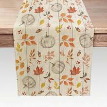 1pc Pumpkin Leaf & Brown Wood Autumn Table Runner, Linen Pumpkin Thanksgiving Table Runner, Seasonal Fall Kitchen Dining Table Runner, Autumn Theme Home Party Decor