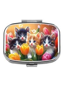 1pc Owl, Puppy, Fox, Cat Pattern Printed Square Pill Box, 2 Compartment Portable Pill Case For Pocket Or Wallet, Decorative Metal Medicine Vitamin Storage Box For Pocket, Wallet, Travel, Unique Gift - Multicolor - View 36