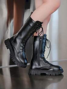 女童秋冬靴子，新款儿童高帮靴，英伦风中筒靴，厚底靴，公主皮靴，学生鞋，小女孩高筒靴 - 黑色 - 查看 6