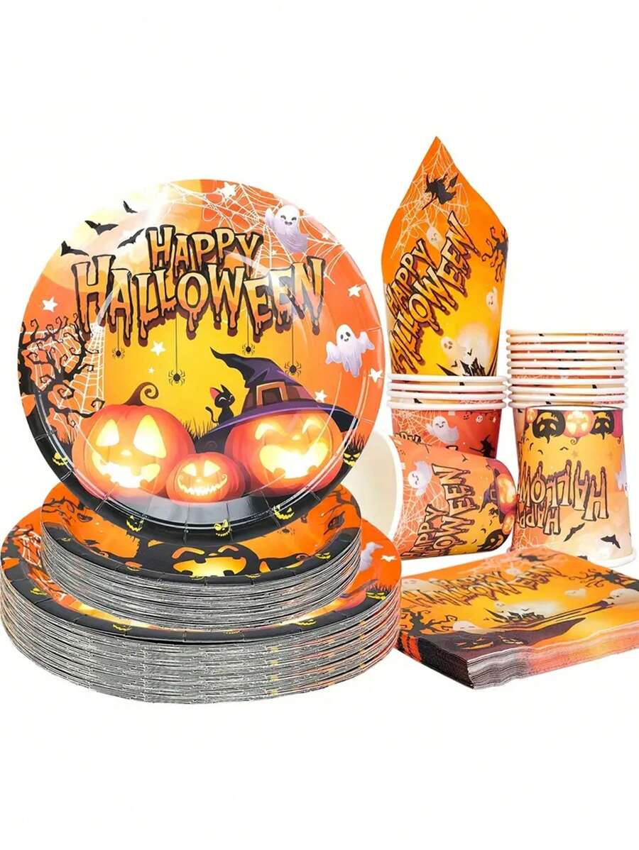 Halloween Party Supplies Orange Halloween Pumpkin Paper Plate Cup Napkin Set Happy Halloween Cake Plate Dinner Plate Scary Birthday Decorations Halloween Decoration