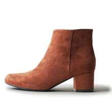 Women's Black Vegan Suede Cheetah Faux Suede Cognac Vegan Suede Natural Faux Suede Smokey Taupe White PU Chunky Low Heel Zip-Up Ankle Boots – Minimalist Round/Pointed Toe Fashion Booties [Size Up Half Size] - 干邑白蘭地純素絨面革 - 查看 3