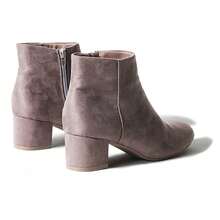 Women's Black Vegan Suede Cheetah Faux Suede Cognac Vegan Suede Natural Faux Suede Smokey Taupe White PU Chunky Low Heel Zip-Up Ankle Boots – Minimalist Round/Pointed Toe Fashion Booties [Size Up Half Size] - 煙燻灰褐色 - 查看 5