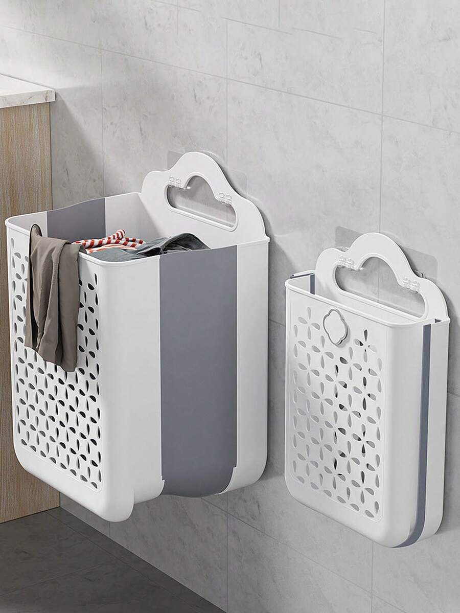 1pc Modern Foldable Laundry Basket | Plastic Hollow Wall-Mounted Storage Box, Can Be Used To Store Clothes, Toys, Snacks, Fruits, Also Suitable For Balcony Storage - Multicolor - View 1
