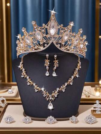 奢华新娘珠宝套装，高端水晶皇冠，优雅项链和耳环 4 件套婚礼配饰套装，适合婚纱、新娘派对和庆典