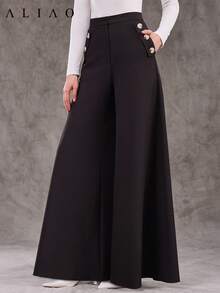 Aliao Excellent Slant Pockets Oversized Wide-Leg Trousers, All Black, Back To School, Basic, Autumn & Winter, Elegant, Modest, Business Casual Woman, Homecoming, Bohemian