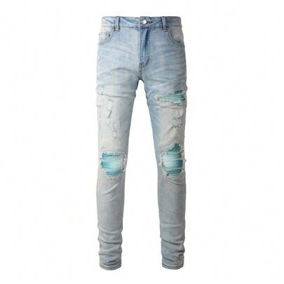 Men Skinny Jeans High Street Light Blue Ripped Stretch Denim Pants Slim Fit Distressed Trousers American Style Casual Pants For Men Fashionable Comfortable Jeans For Daily Wear  Streetwear Pantalones De Hombre Jeans For Men Ropa De Hombre