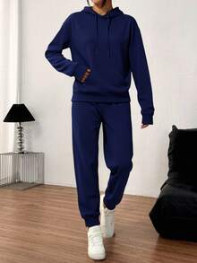 Conjunto  deportivo de pantalones rectos,  con sudadera de manga larga con capucha. - Azul Marino - Ver 3