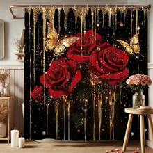 Black & Gold Luxurious Rose Shower Curtain | Obsidian Black Base + 3D Metallic Gold Splatter + Handcrafted High-Saturation True Red Roses X2 + Gold Foil Butterflies X2 | 180 X 180cm Thick Waterproof PEVA Shower Curtain | Full-Panel High-Definition Digital Printing, Machine Washable, Colorfast | INS Luxury Bathroom Makeover/Valentine's Day/Women's Day/Birthday Surprise/Housewarming Gift For Best Friends Bathroom Decor Christmas Decor