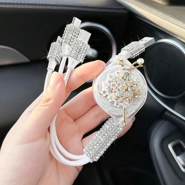 Rhinestone 3 In 1 Retractable Car Charger USB Charger Cable Fast Charging Cute 3 In1 Fast Charger Cord Women Compatible With IPhone Dashcam, IPad, GPS, Great For Holiday/Birthday Gifts