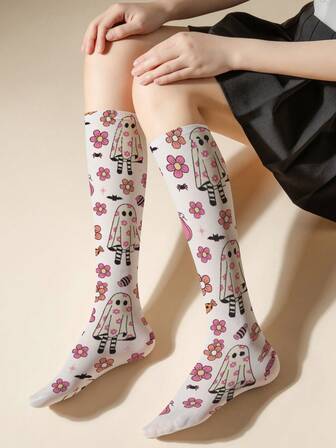 1/2/5 双女士 50D 小花图案小腿袜，轻盈透气春夏袜，时尚袜子，创意袜子，可爱袜子，万圣节节日礼物袜，适合日常穿着和节日，Y2k