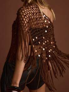 Women's Sheer Ponchos Off Shoulder Hollow Out Crochet Shaw T-Shirts Tassel Knit Tops - Dark Brown - View 2