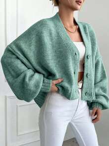 Women's Sweater Casual Button Down Fall Cardigan Lantern Long Sleeve V Neck Knit Jacket - 綠色 - 查看 2