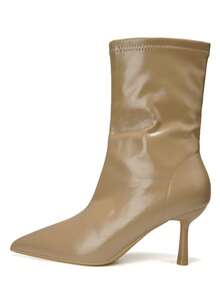 RevReaL Glossy Leather Pointed Toe Stiletto Ankle Boots Western Style Casual Leisure Cute Elegant Fairy Preppy College Business Sexy Cute Side Zipper Festival - Khaki - View 3